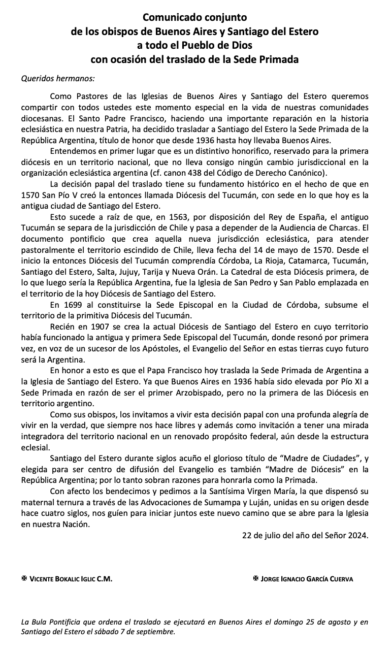 Comunicado conjunto traslado sede primada