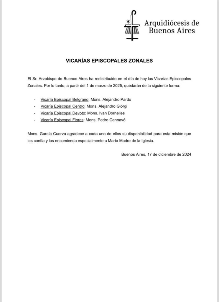 Mons. García Cuerva designo la redistribución de Vicarios Episcopales Zonales. 