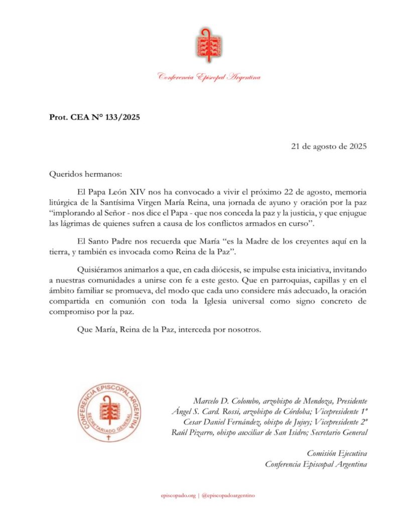 Jornada de Ayuno y Oración por la Paz convocada por el Papa León XIV.