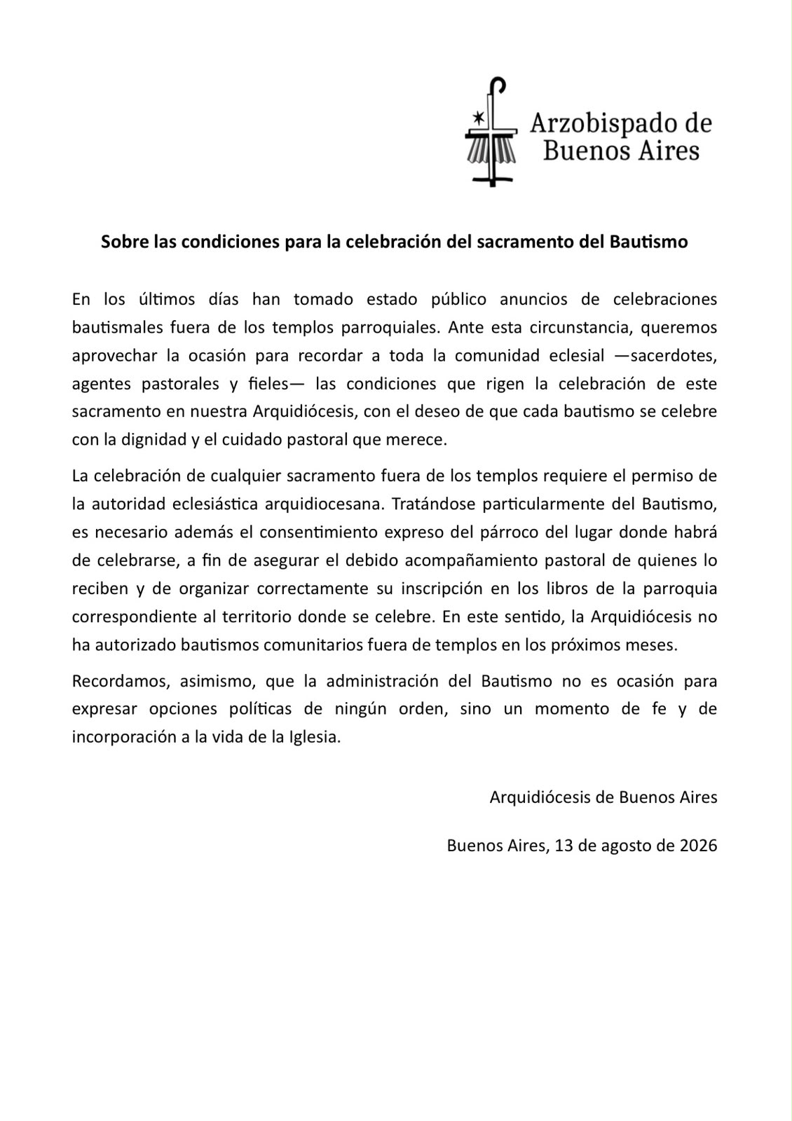 Comunicado sobre las condiciones para la celebración del sacramento del Bautismo.