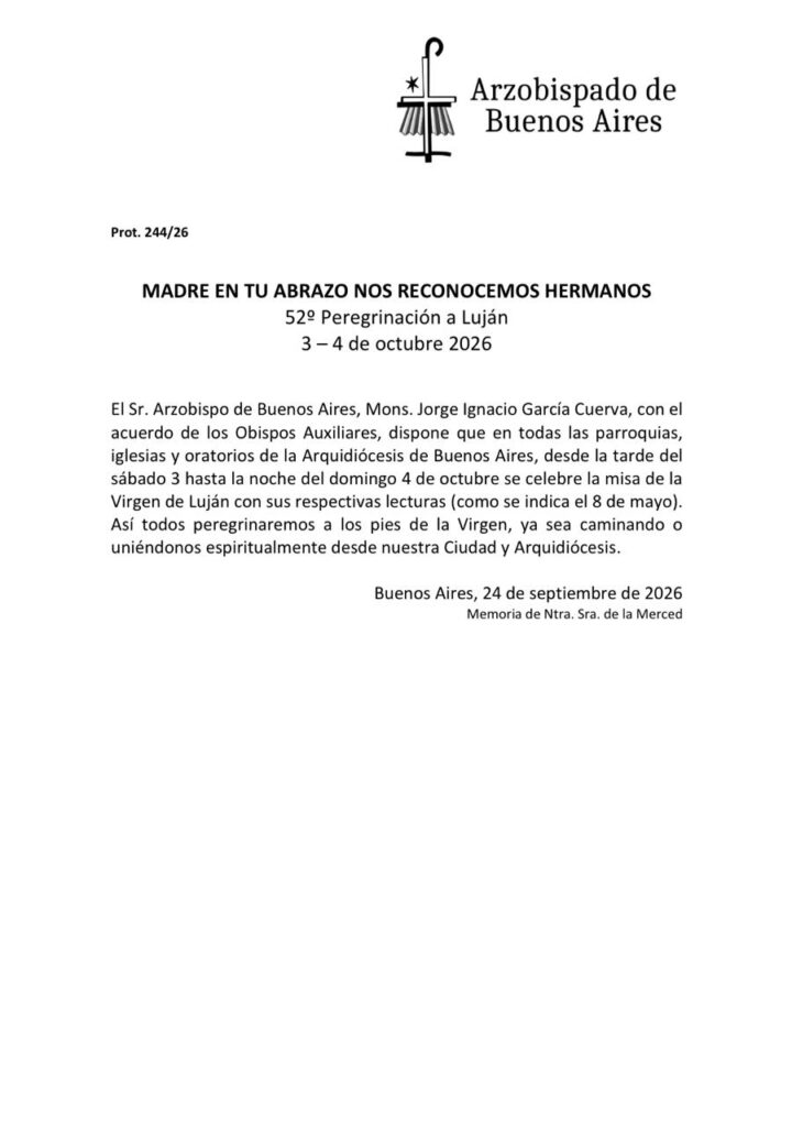 Comunicado de la Oficina de Prensa y Comunicación Institucional del arzobispado de Buenos Aires.
